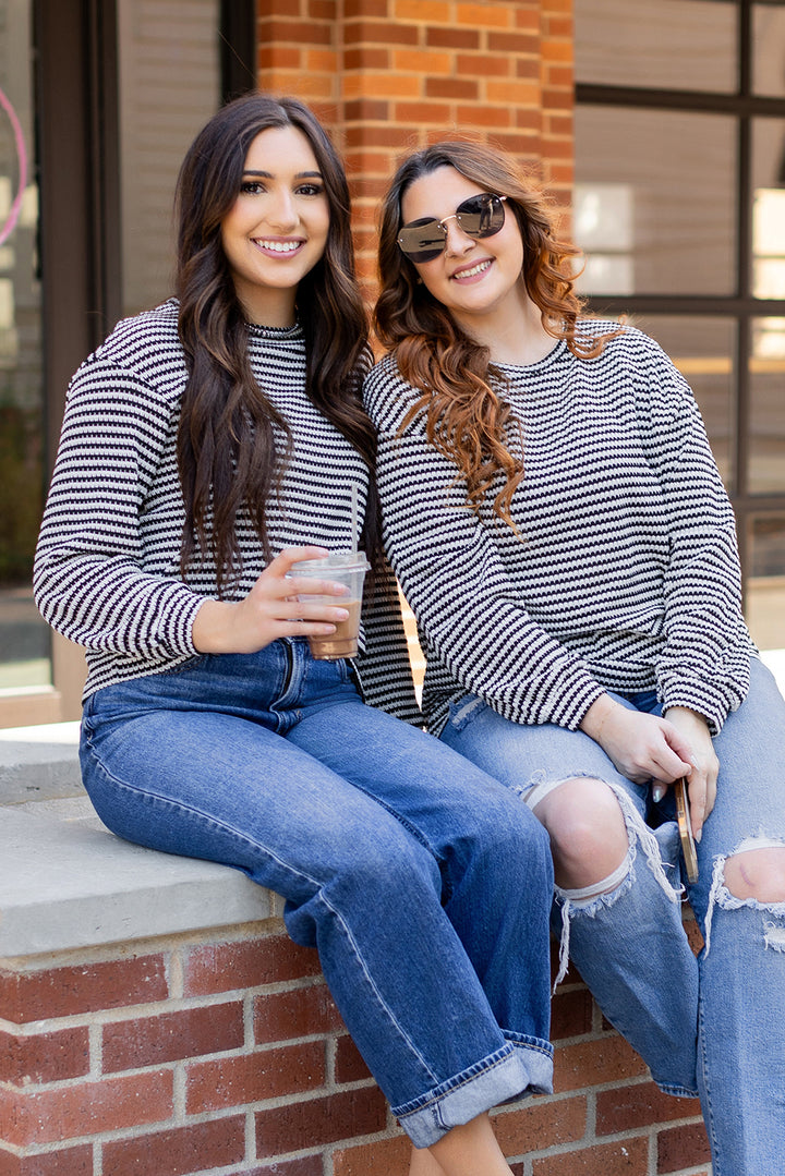 Womens Black Striped Round Neck Drop Shoulder Long Sleeve Top