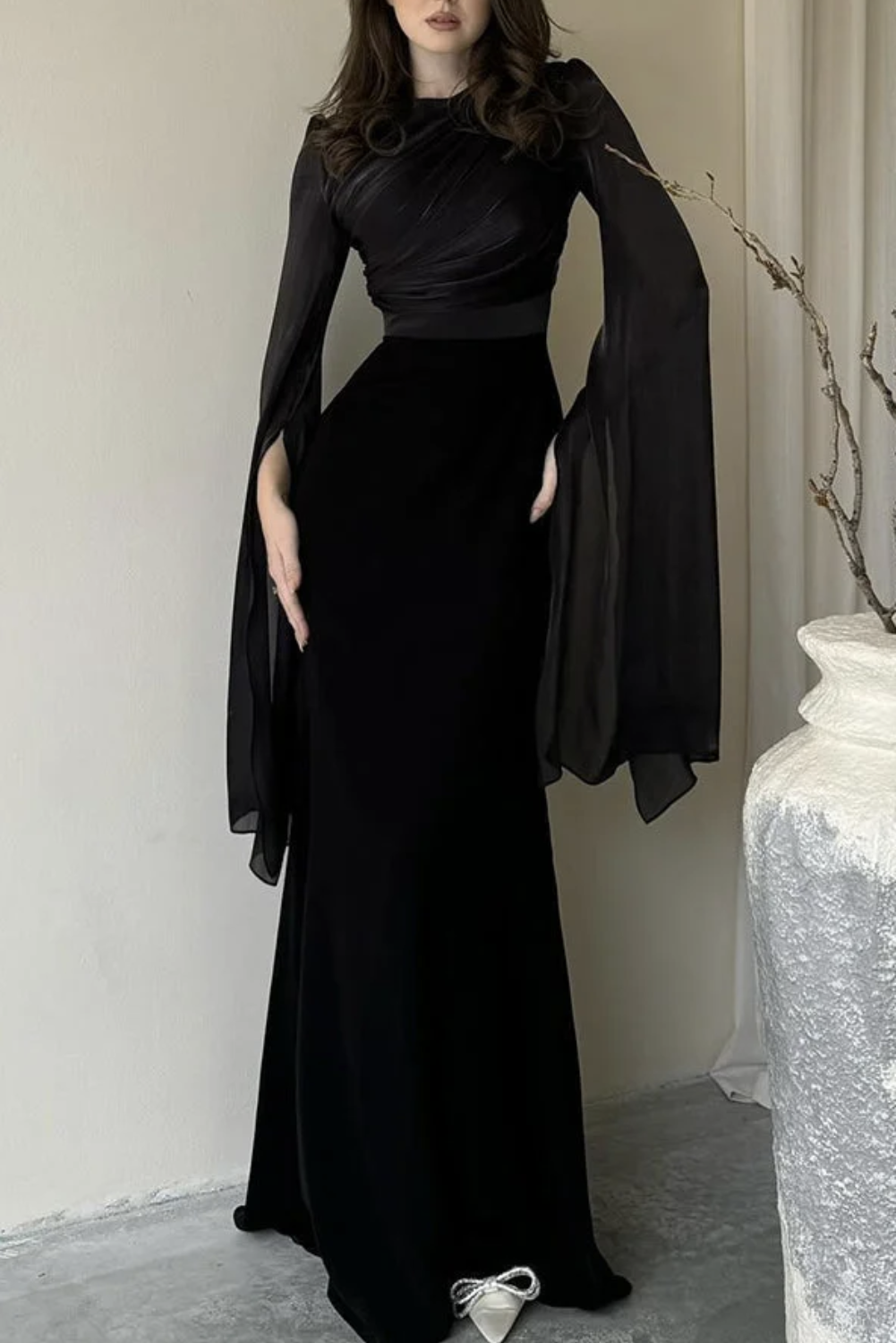 Womans Elegant Draped Long Flowing Sleeves Maxi Dress