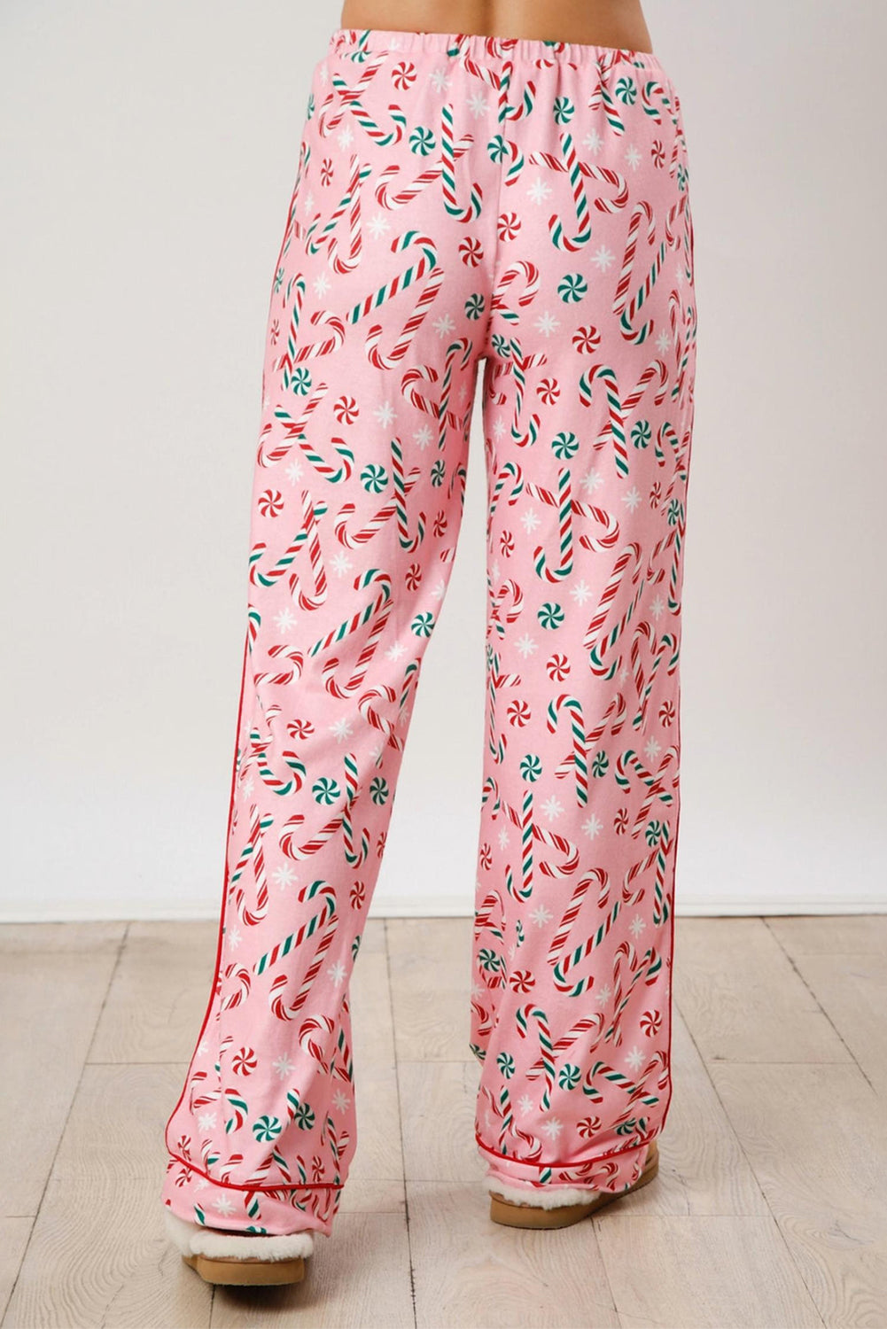 Womens Pink Christmas Candy Cane Print Lapel Collar Shirt and Pants Two Piece Pajamas Set