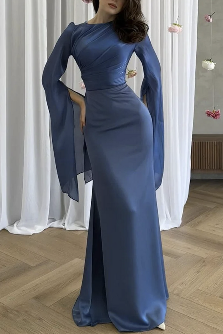 Womans Elegant Draped Long Flowing Sleeves Maxi Dress