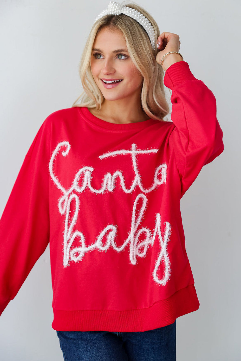 Womens Red Christmas Santa Baby Tinsel Graphic Sweatshirt