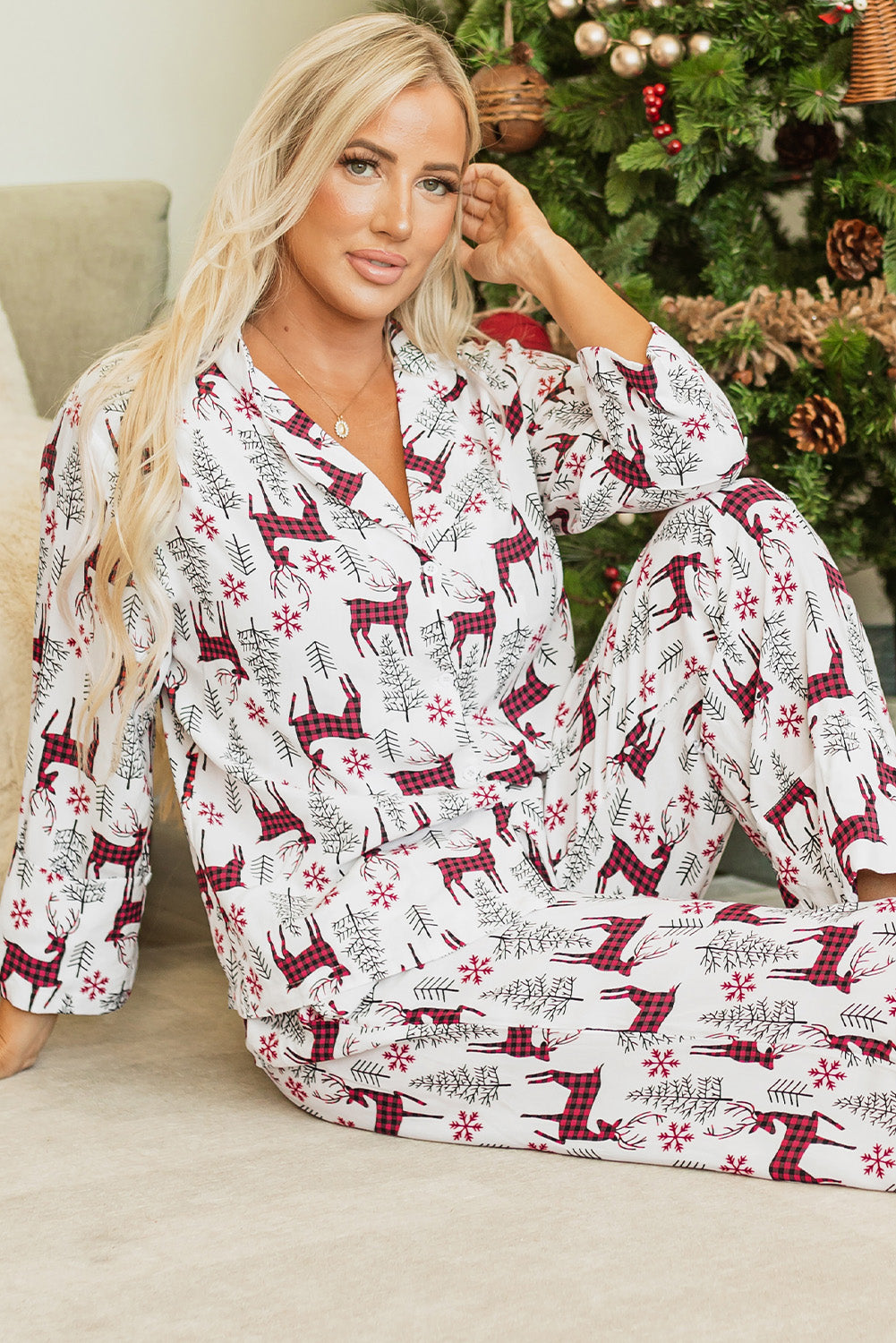 Womens White Christmas Printed Shirt and Pants Pajama Set