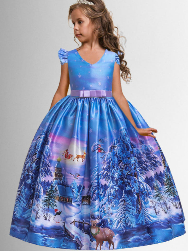 Girls Christmas Dresses | Winter Scene Holiday Print Princess Dress 