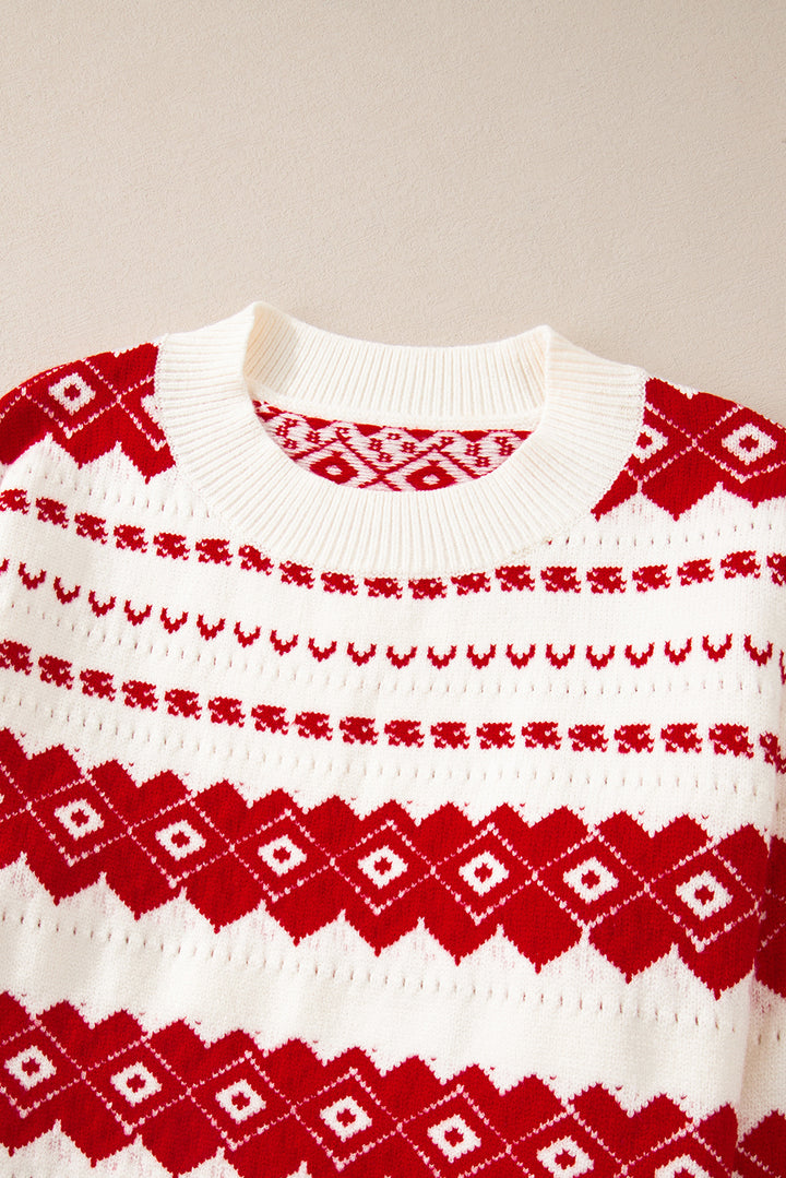 Womens White and Red Western Geometric Pattern Crew Neck Sweater