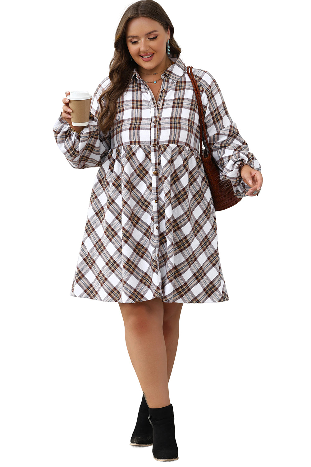 Womens White Plaid Bubble Sleeve Flowy Shirt Dress