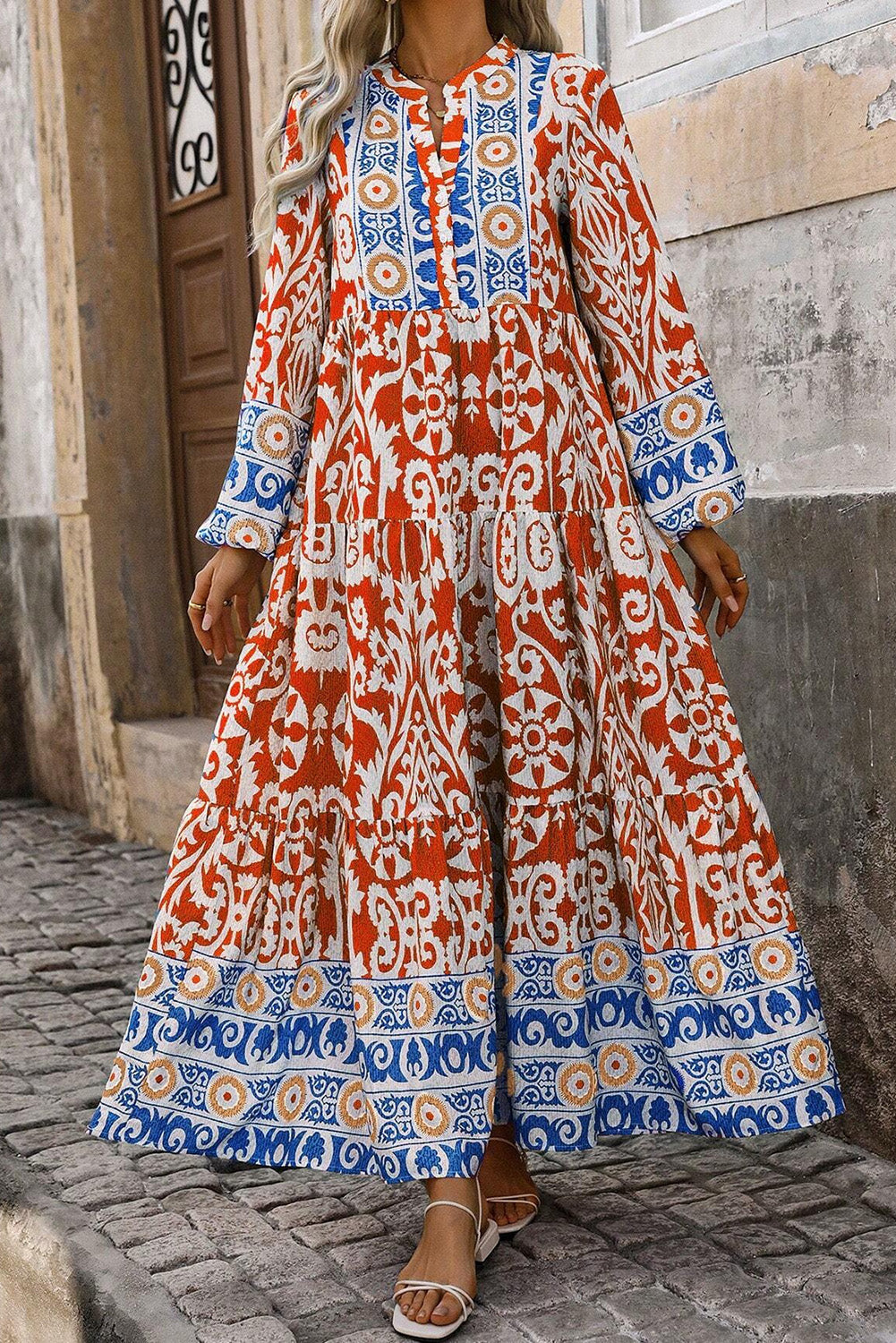 Womens Orange Boho Geometric Printed Long Sleeve Maxi Dress