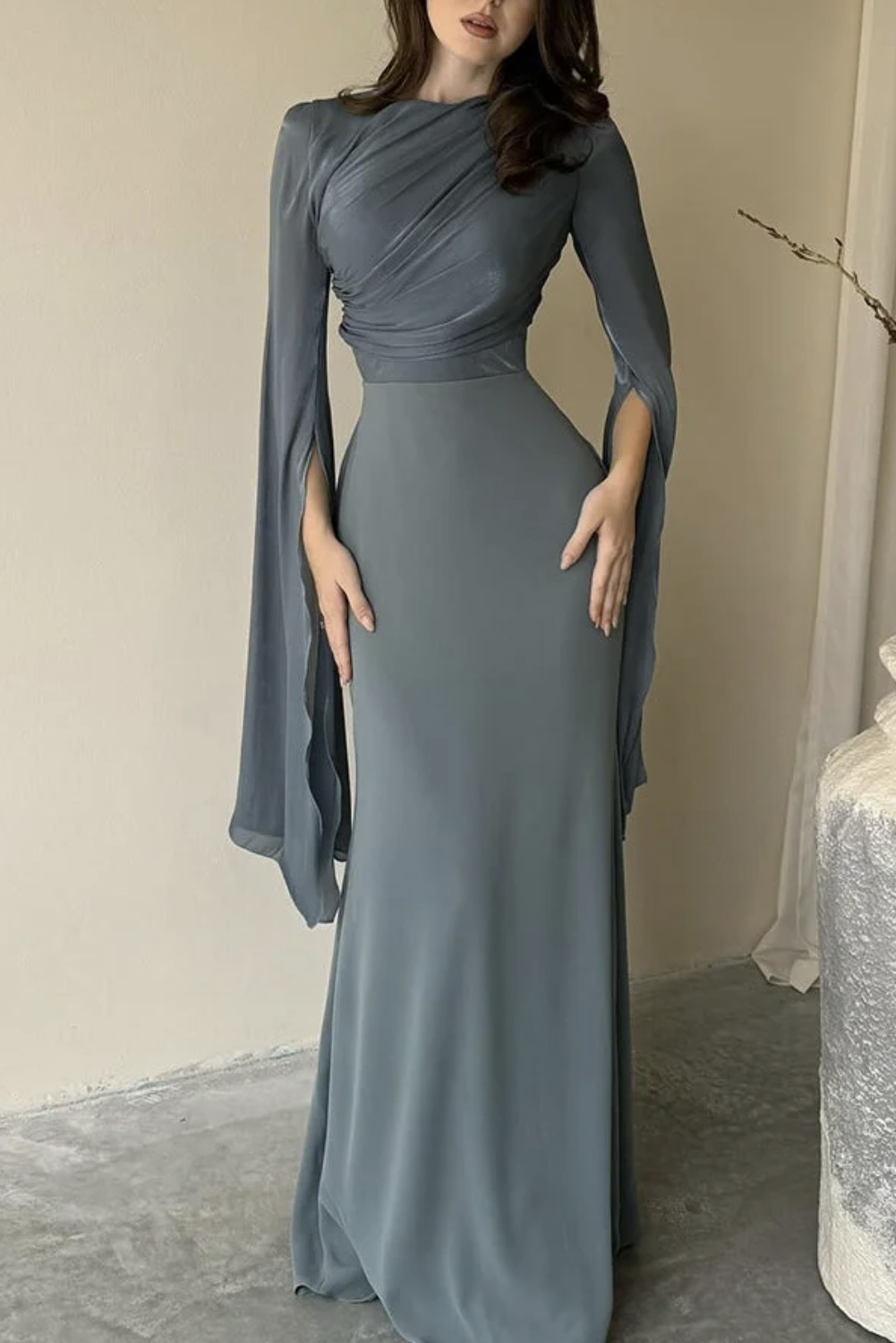 Womans Elegant Draped Long Flowing Sleeves Maxi Dress