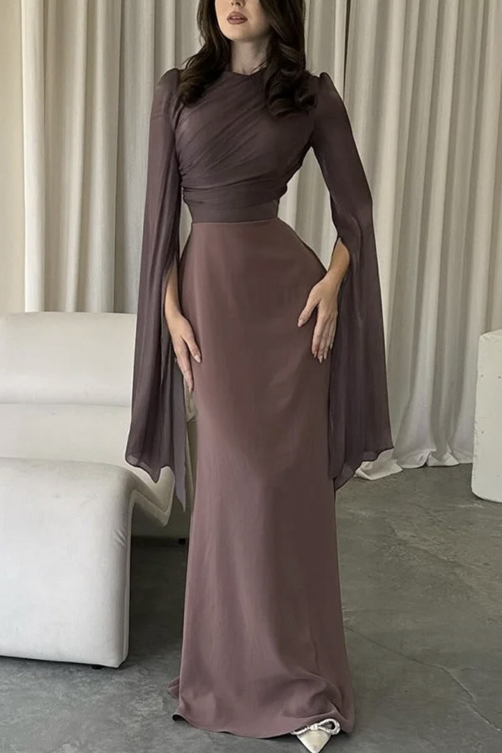 Womans Elegant Draped Long Flowing Sleeves Maxi Dress