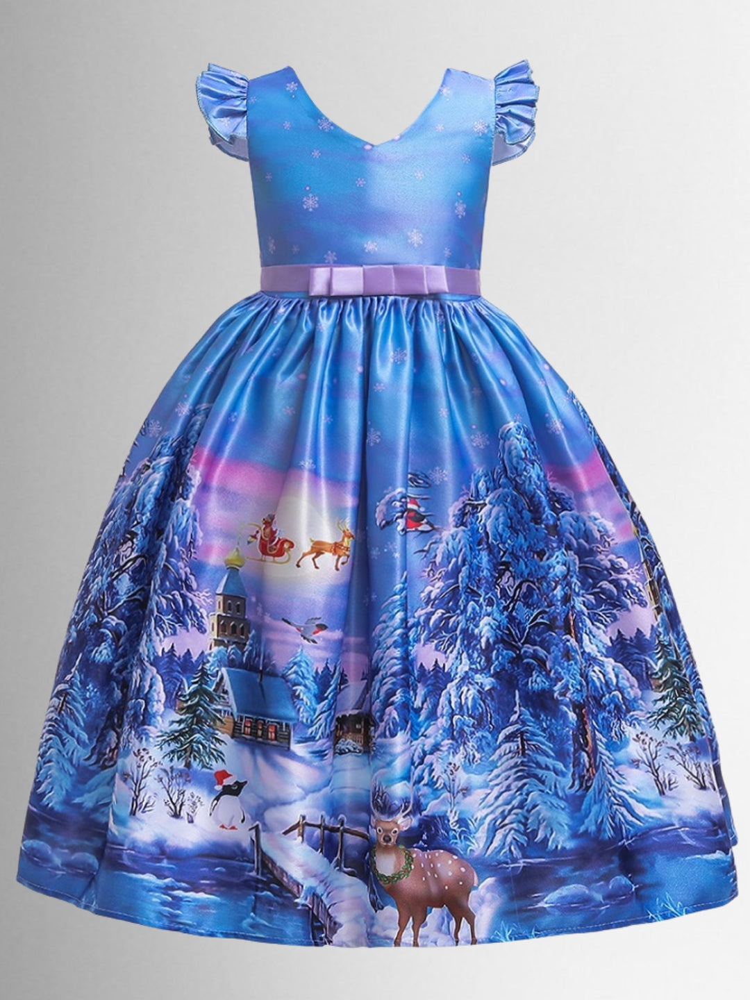 Girls Christmas Dresses | Winter Scene Holiday Print Princess Dress 