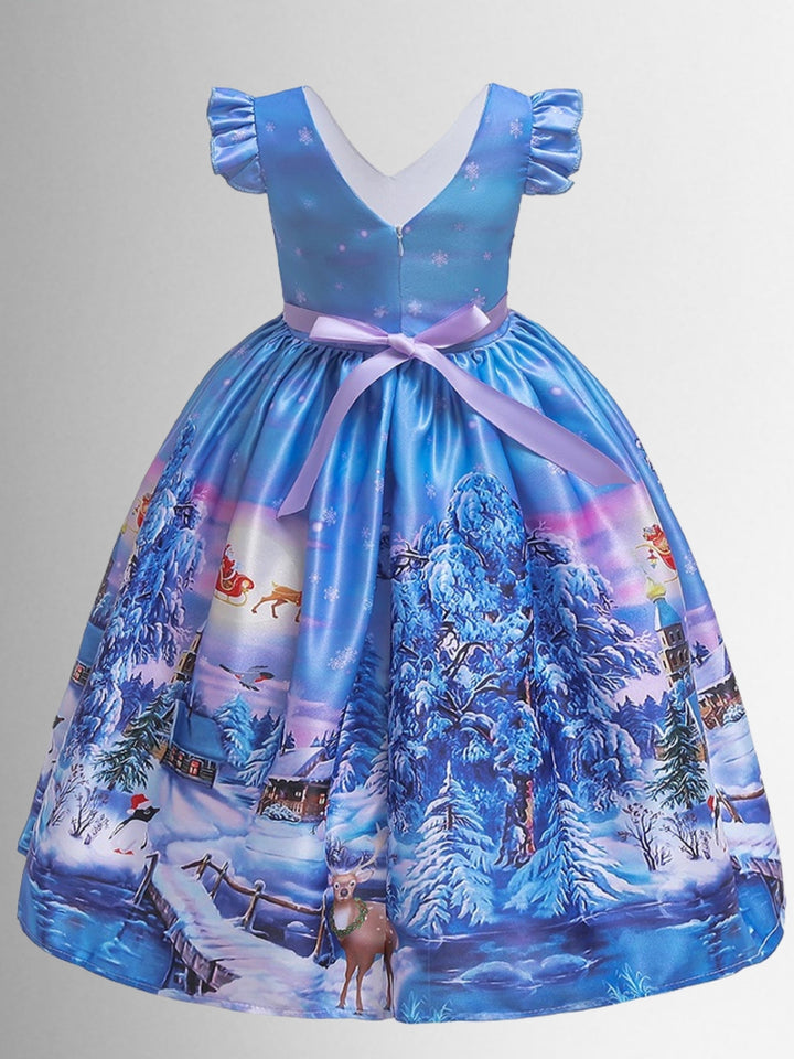 Girls Christmas Dresses | Winter Scene Holiday Print Princess Dress 