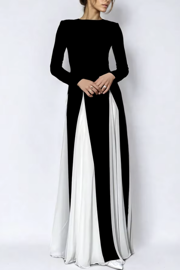 Womans Elegant Black and White Patchwork O-Neck Long Sleeve Maxi Dress