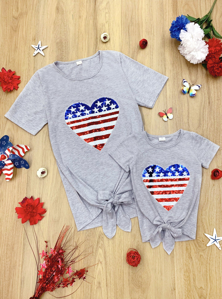 Mommy And Me Sequin US Flag Heart Knot Hem Top | Mia Belle Girls