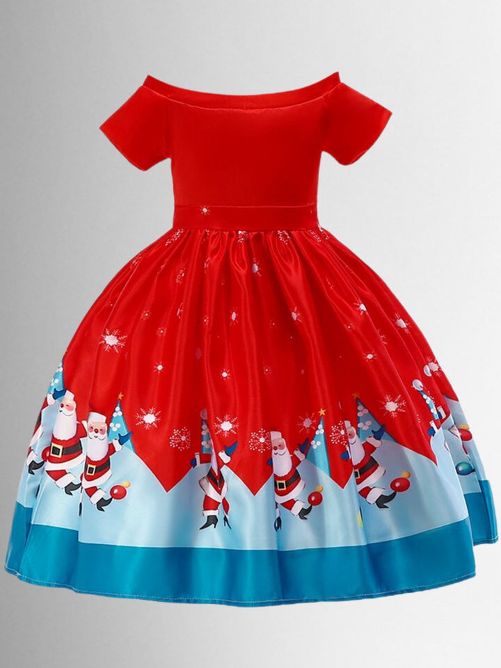 Girls Christmas Dresses | Off Shoulder Santa Scene Print Holiday Dress