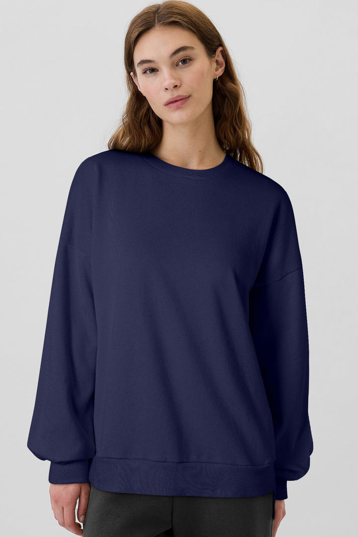 Womens Navy Fleece Lined Drop Shoulder Top