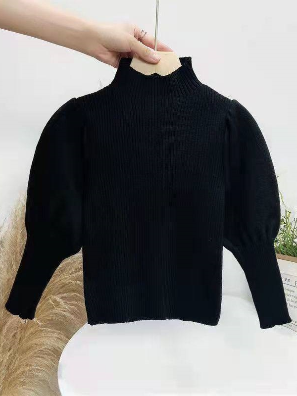 Toddlers Fall Tops | Girls Long Puff  Sleeve Turtleneck Rib Knit Top