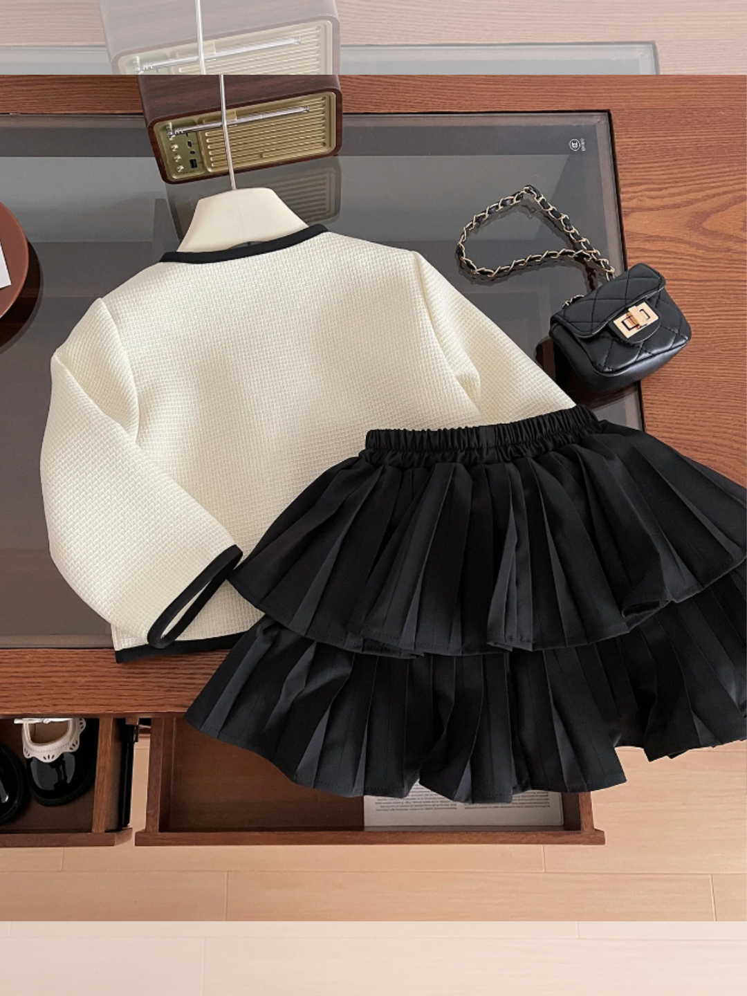 Girls Elegant Long Sleeve Bow Jacket  and Pleated Skirt Set