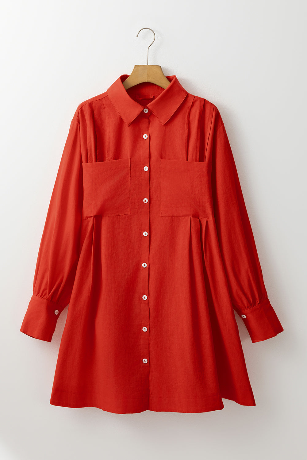 Womens Tomato Red Bishop Sleeve Button Up Pleated Mini Shirt Dress