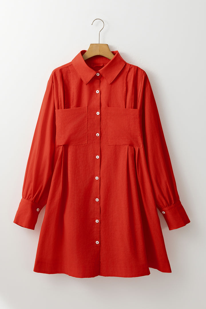 Womens Tomato Red Bishop Sleeve Button Up Pleated Mini Shirt Dress