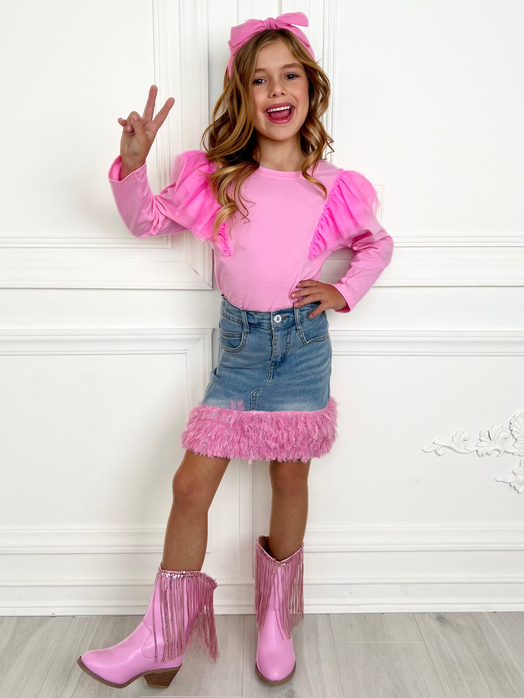 Pink Ruffle Top and Feather Trim Denim Skirt Set