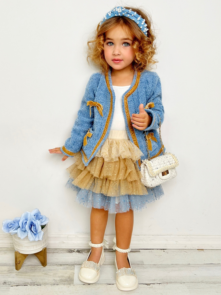 Mia Belle Girls Blue Tweed Jacket & Sequined Tulle Skirt Set 