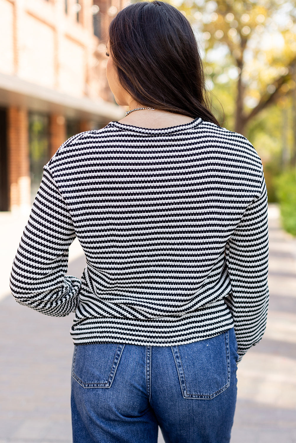 Womens Black Striped Round Neck Drop Shoulder Long Sleeve Top