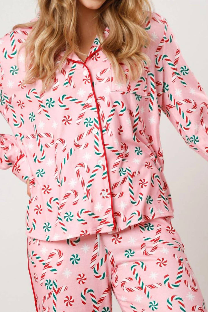 Womens Pink Christmas Candy Cane Print Lapel Collar Shirt and Pants Two Piece Pajamas Set