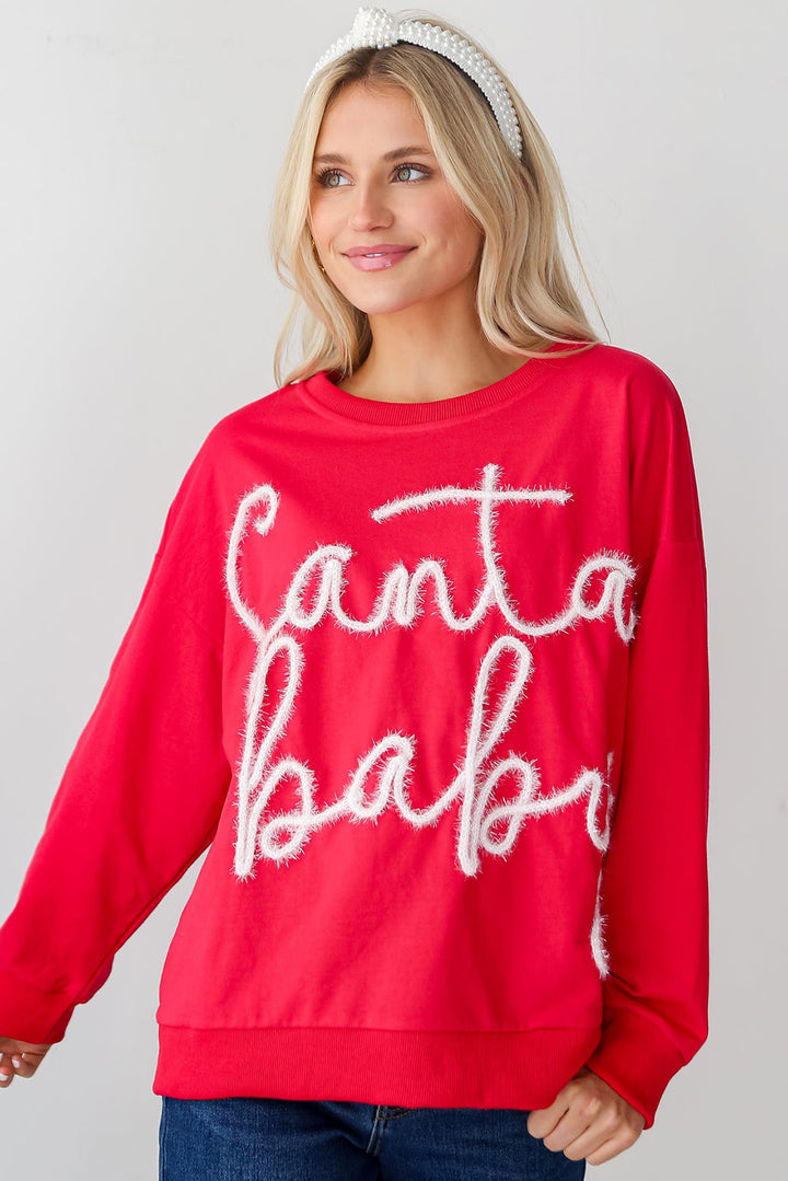 Womens Red Christmas Santa Baby Tinsel Graphic Sweatshirt