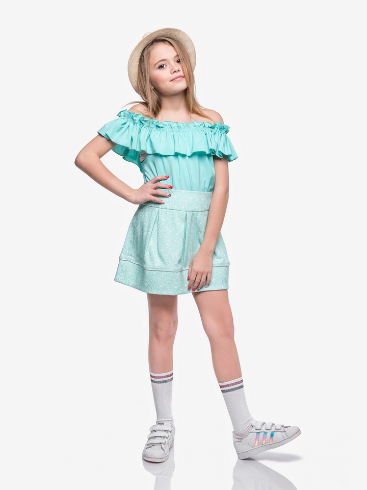 Kids Couture x Mia Belle Girls Mint Jacquard Hip Pleat Skirt