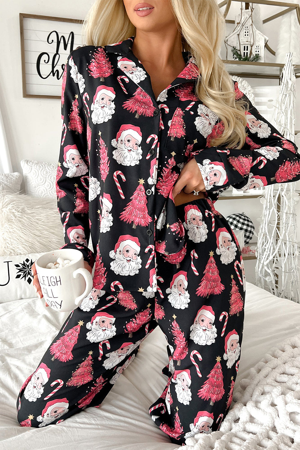 Womens Christmas Santa Printed Two Piece Pajamas Set