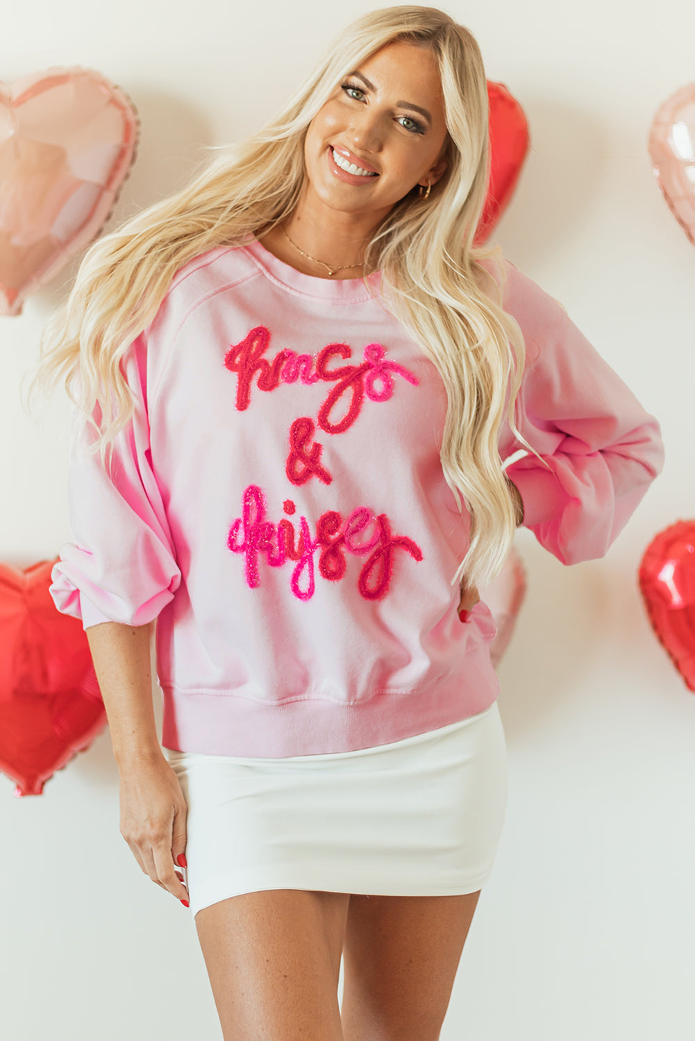 Womens Pink Hugs and Kisses Pop Up Embroidered Raglan Sleeve Sweatshirt