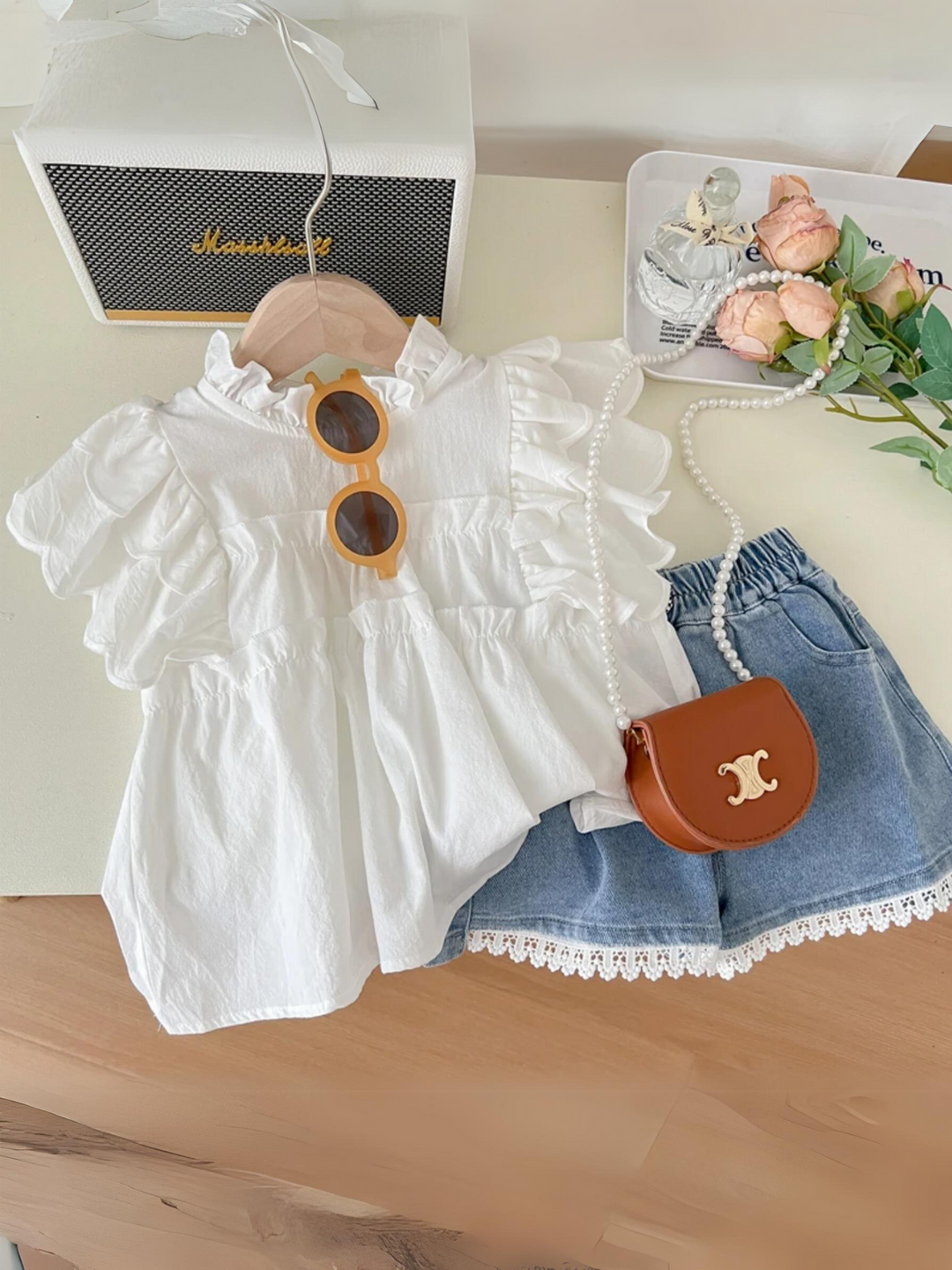 Mia Belle Girls White Top And Denim Short Set | Girls Spring Outfits