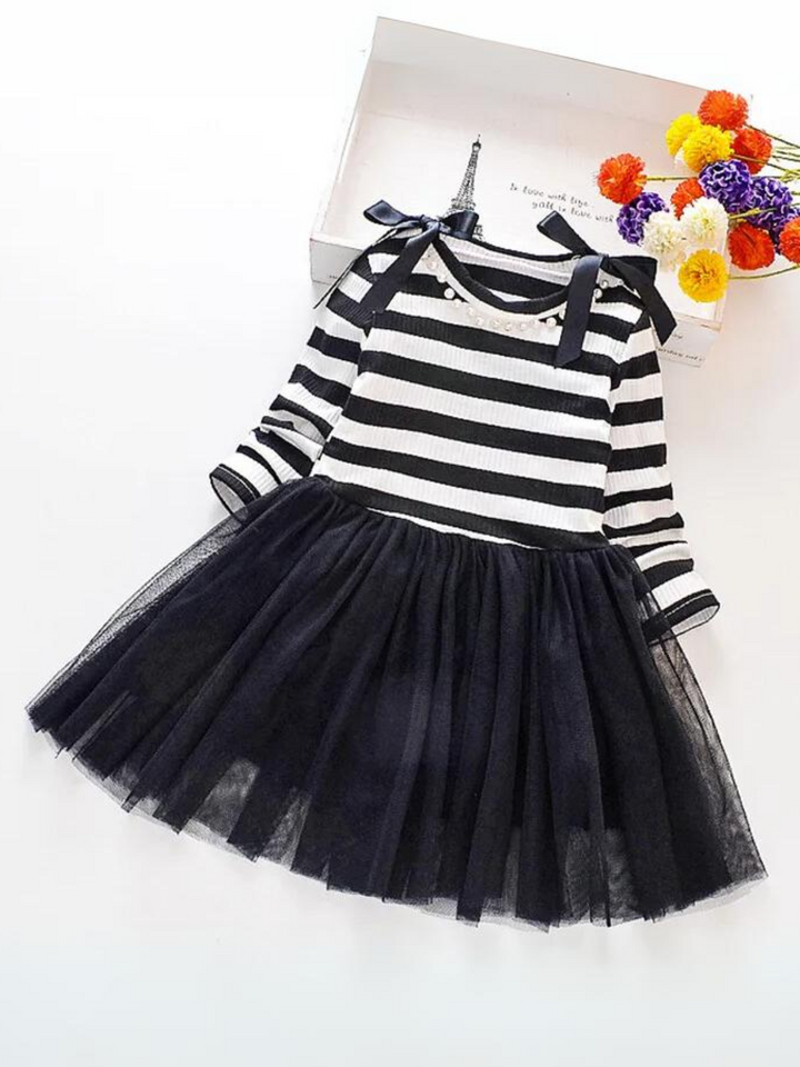 Whimsical Black Striped Long Sleeve Shoulder Bows Tulle Dress