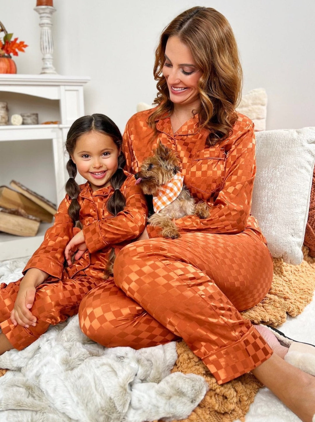 Mia Belle Girls Rust Checkered Silk Pajamas | Mommy and Me Pajamas