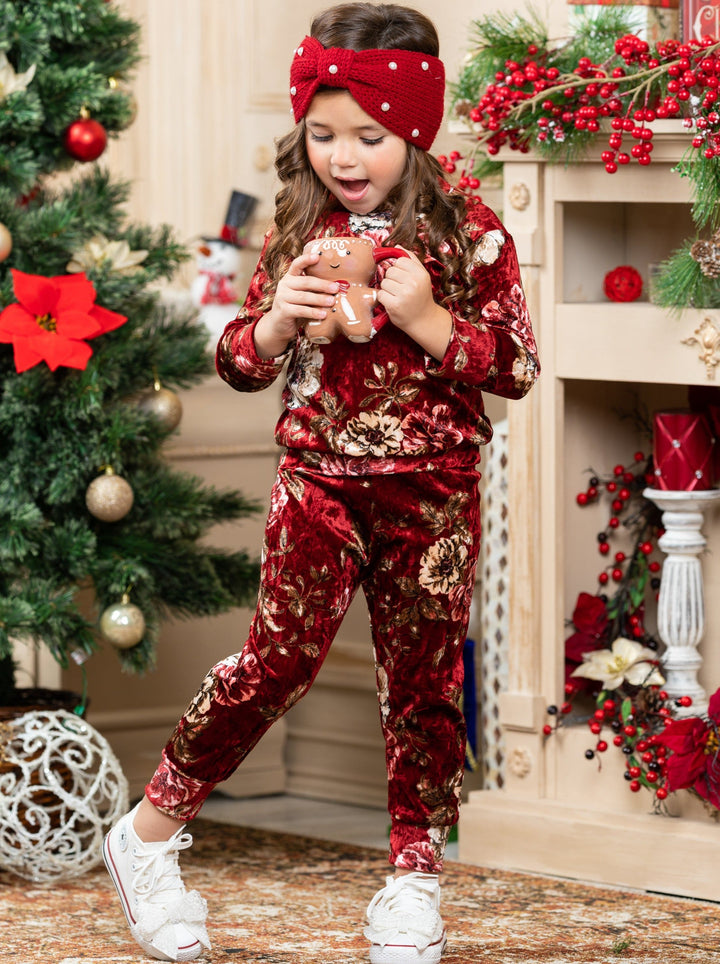 Cute Winter Sets | Girls Crushed Velvet Floral Print Jogger Set