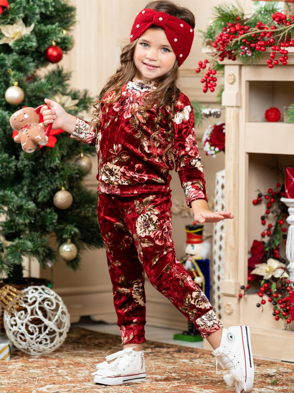 Cute Winter Sets | Girls Crushed Velvet Floral Print Jogger Set