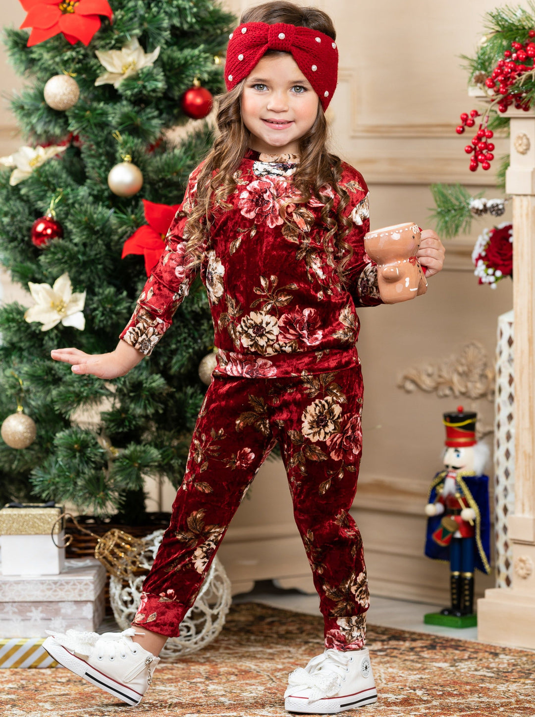 Cute Winter Sets | Girls Crushed Velvet Floral Print Jogger Set