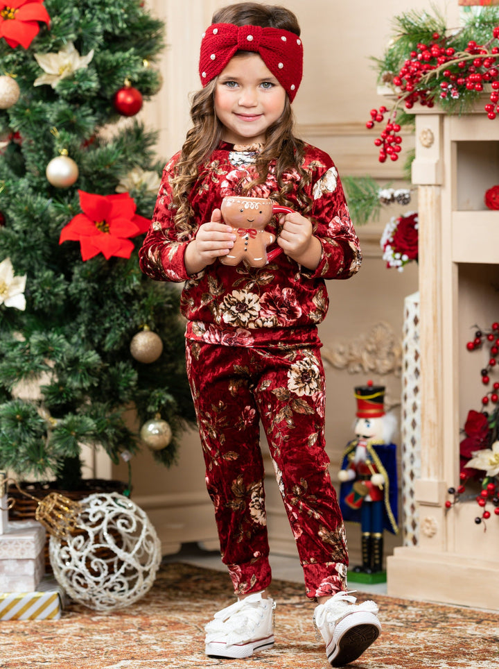 Cute Winter Sets | Girls Crushed Velvet Floral Print Jogger Set