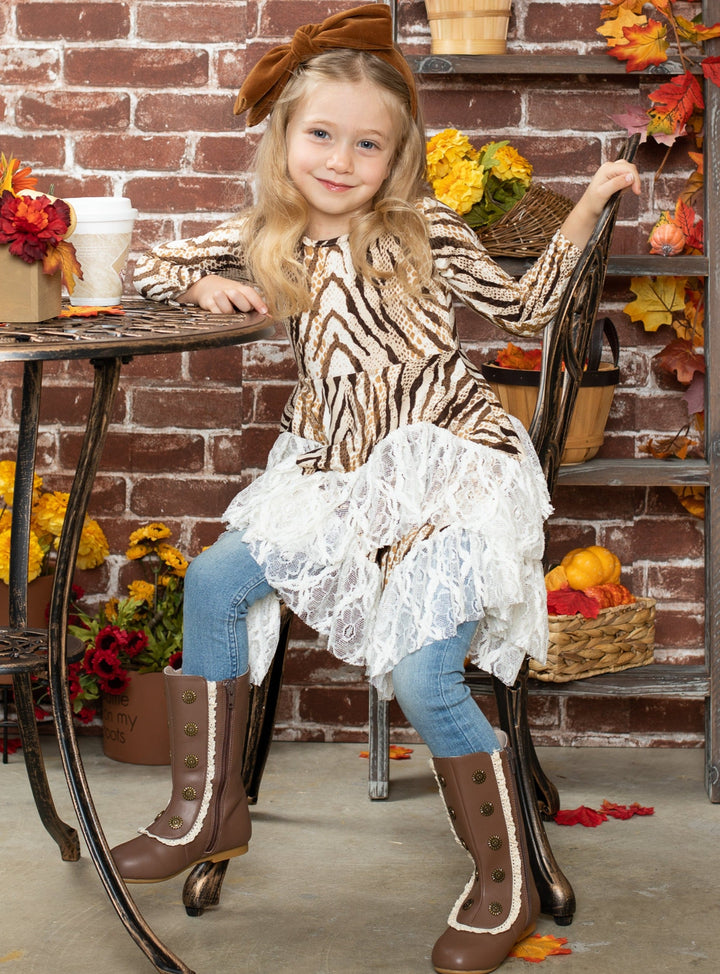 Little girls fall long-sleeve snake print tunic with handkerchief-style skirt and lace hem - Mia Belle Girls