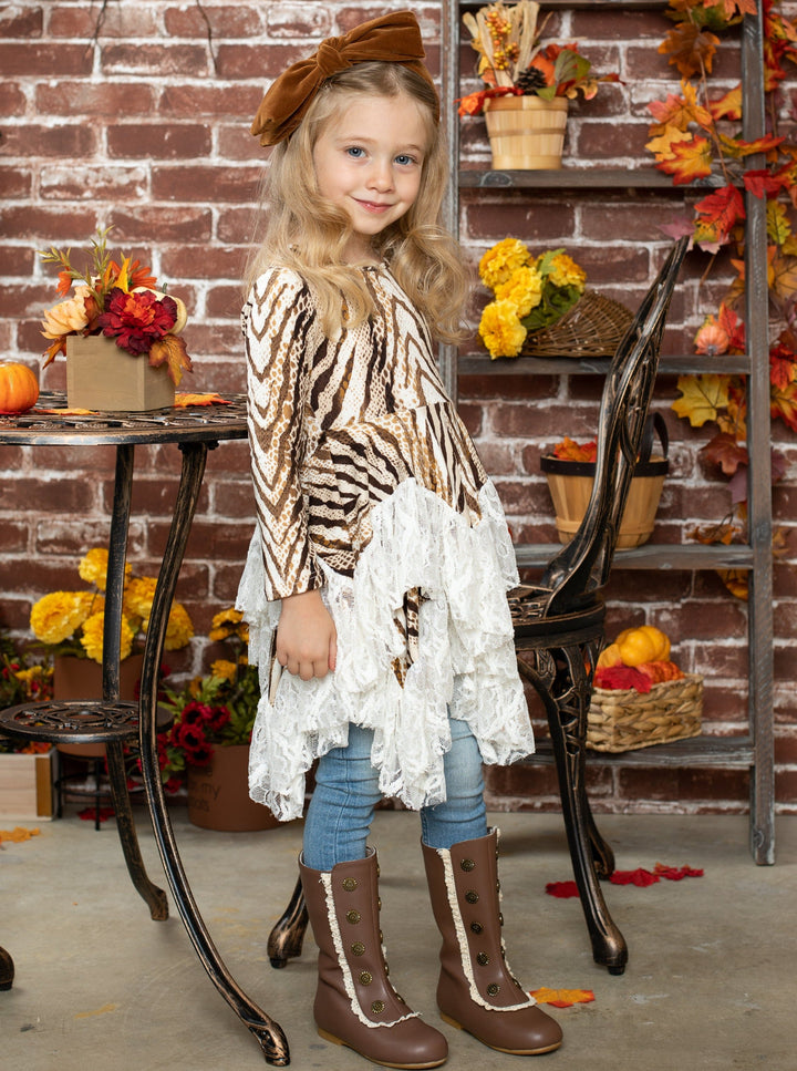 Little girls fall long-sleeve snake print tunic with handkerchief-style skirt and lace hem - Mia Belle Girls