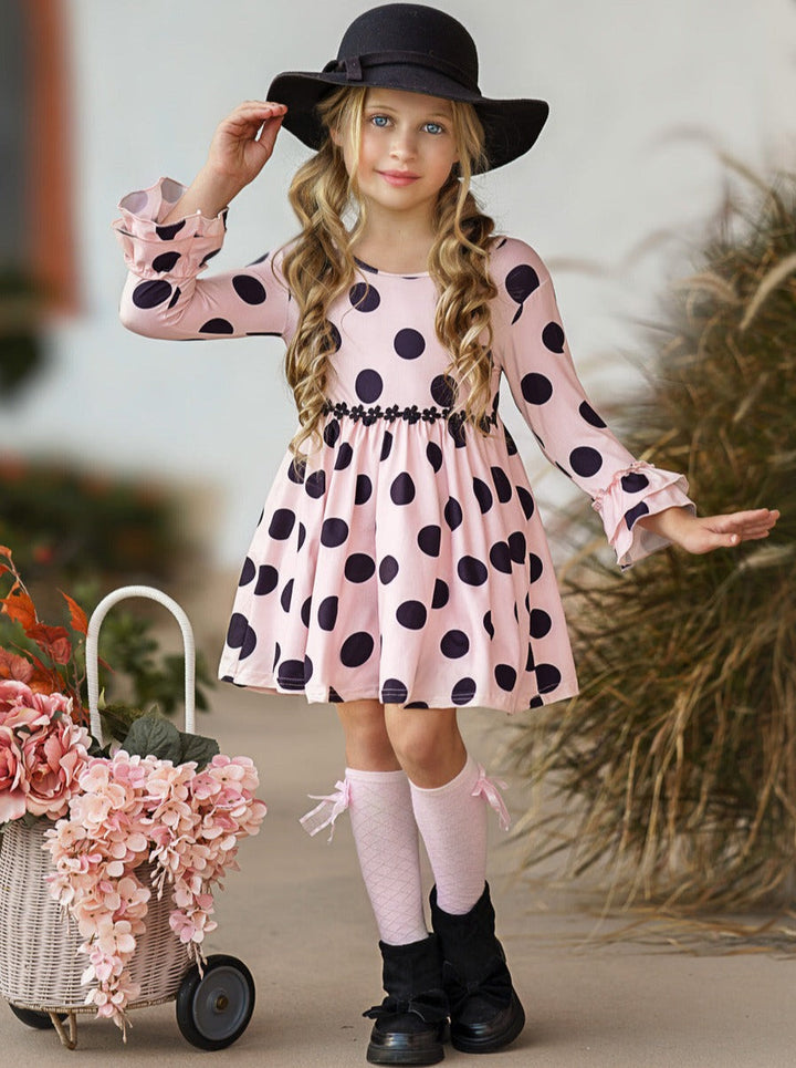 Little Girls Fall Polka Dot A-Line Ruffled Dress - Mia Belle Girls