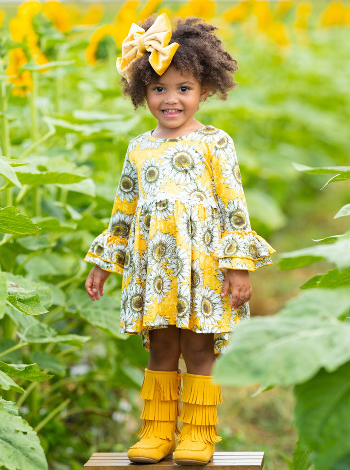 Toddler Fall Dresses | Little Girls Hi-Lo Sunflower Ruffle Dress 