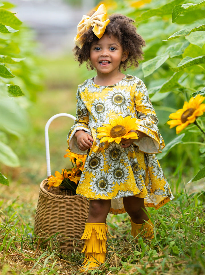 Toddler Fall Dresses | Little Girls Hi-Lo Sunflower Ruffle Dress 