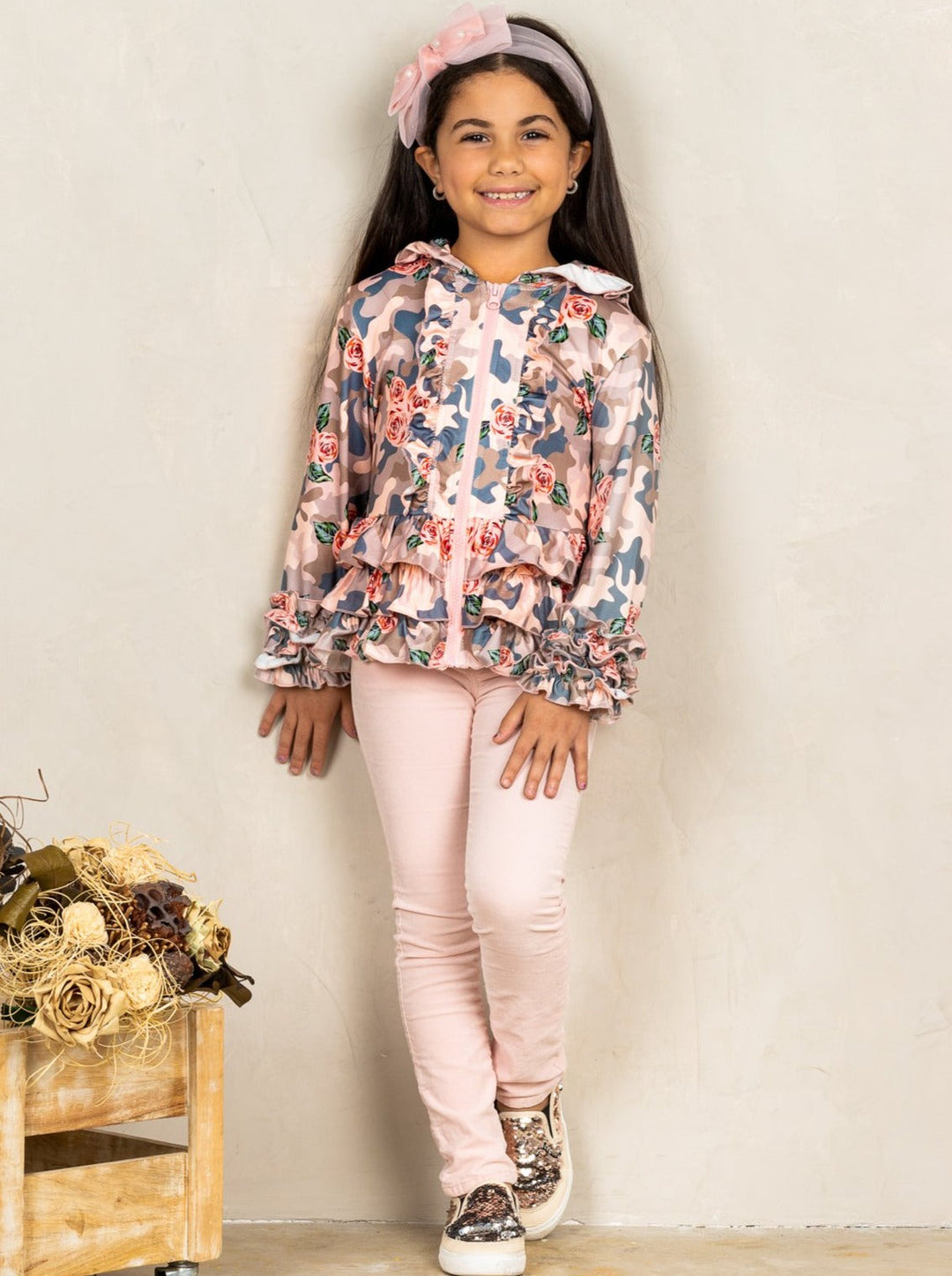 Kids Jackets | Camo Floral Ruffled Hoodie Jacket | Mia Belle Girls