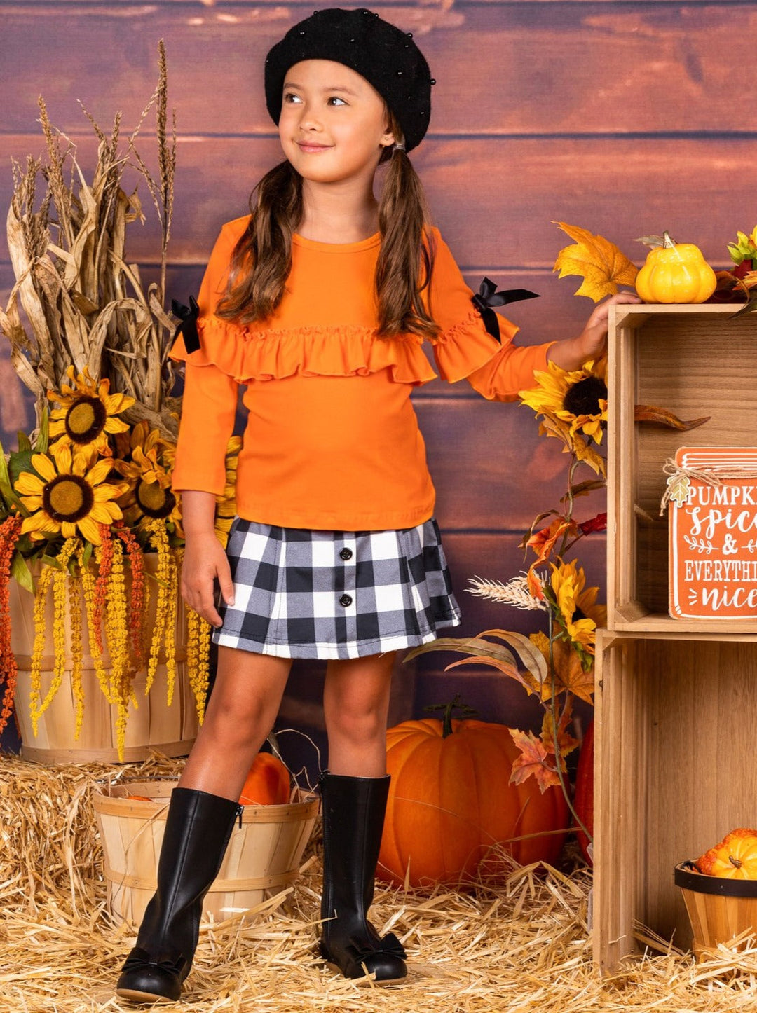 Fall Outfits | Ruffle Top & Plaid Skirt Set | Cute Fall Girls Sets