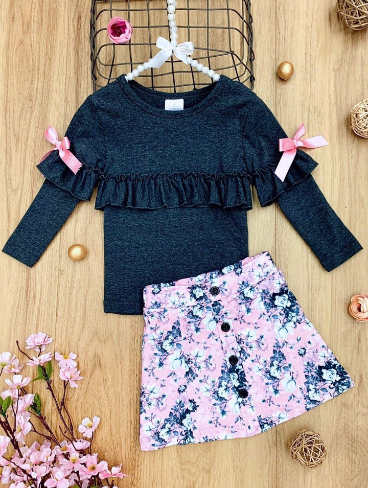 Fall Outfits | Ruffle Top & Floral Buttoned Skirt Set | Cute Girls Set