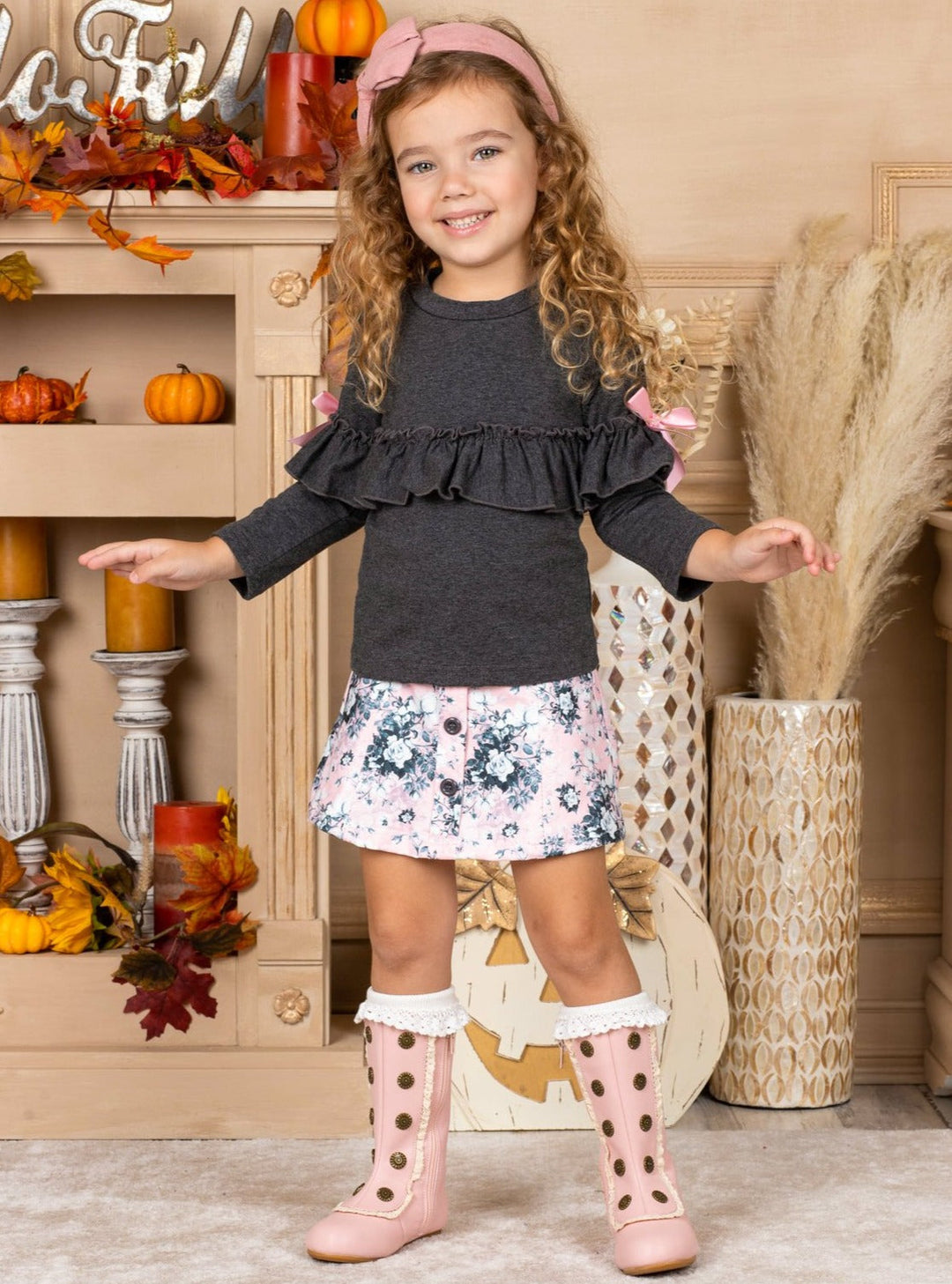 Fall Outfits | Ruffle Top & Floral Buttoned Skirt Set | Cute Girls Set