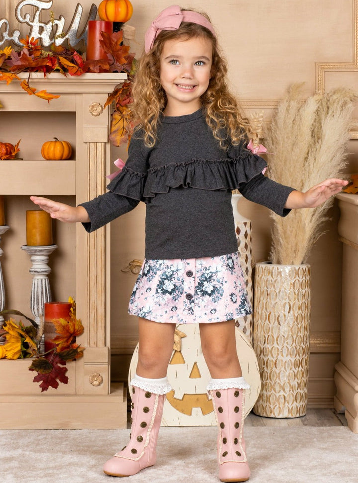 Fall Outfits | Ruffle Top & Floral Buttoned Skirt Set | Cute Girls Set