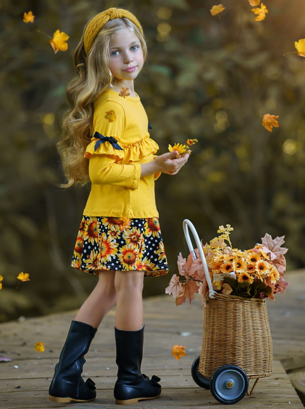 Girls Fall Outfit | Ruffle Top & Sunflower Skirt Set - Mia Belle Girls