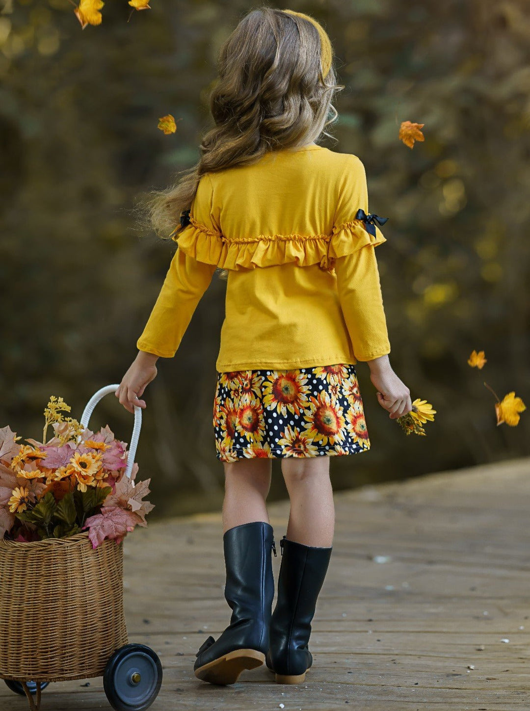 Girls Fall Outfit | Ruffle Top & Sunflower Skirt Set - Mia Belle Girls