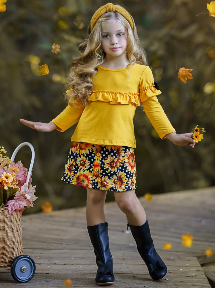 Little girls Fall long-sleeve ruffled top with bow accents and sunflower polka dot print skirt with button applique - Mia Belle Girls